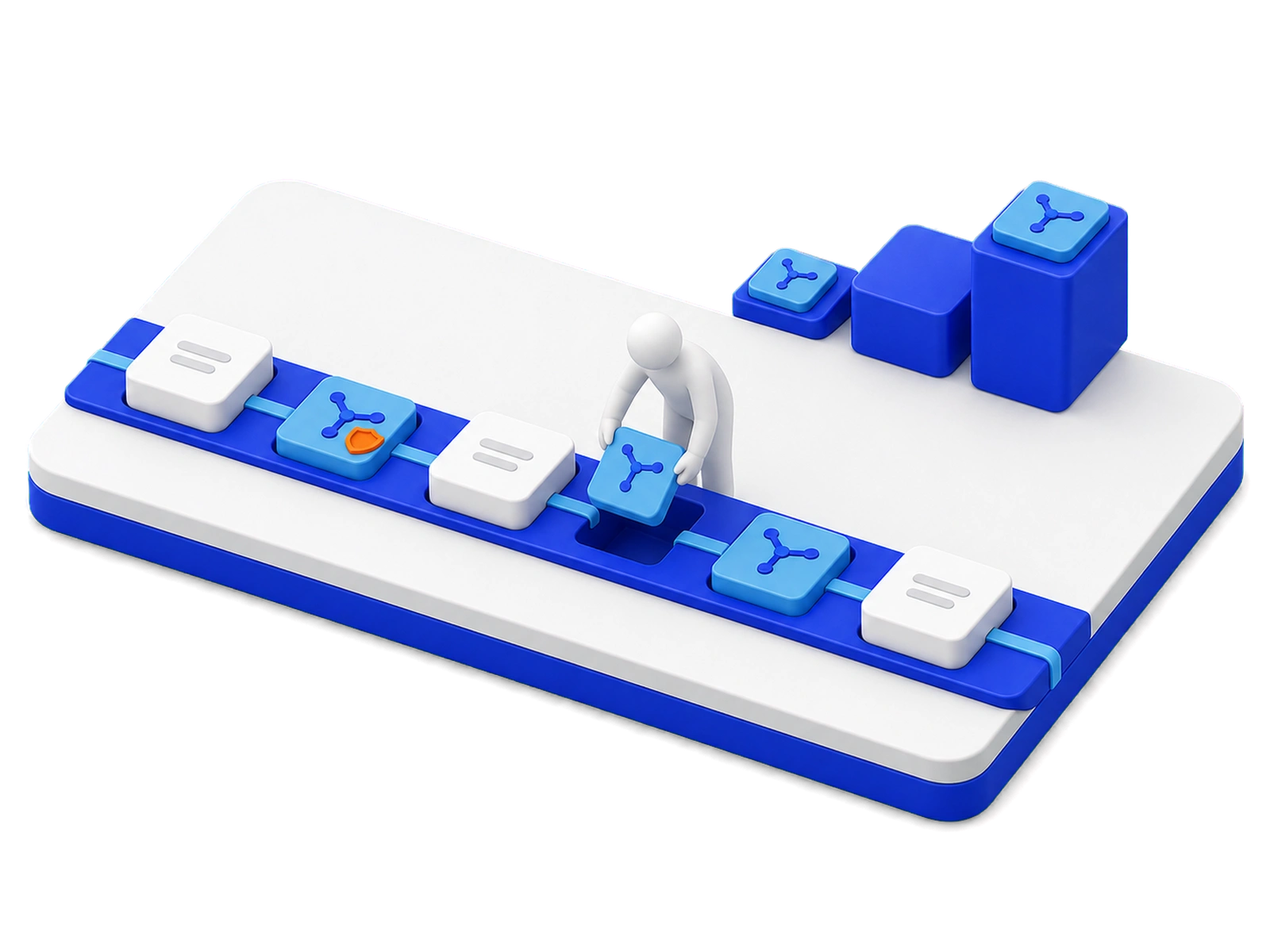 A person slotting AI tiles into gaps in an existing production line of documents, the line running on unchanged either side, with a rising stack of blocks beyond it