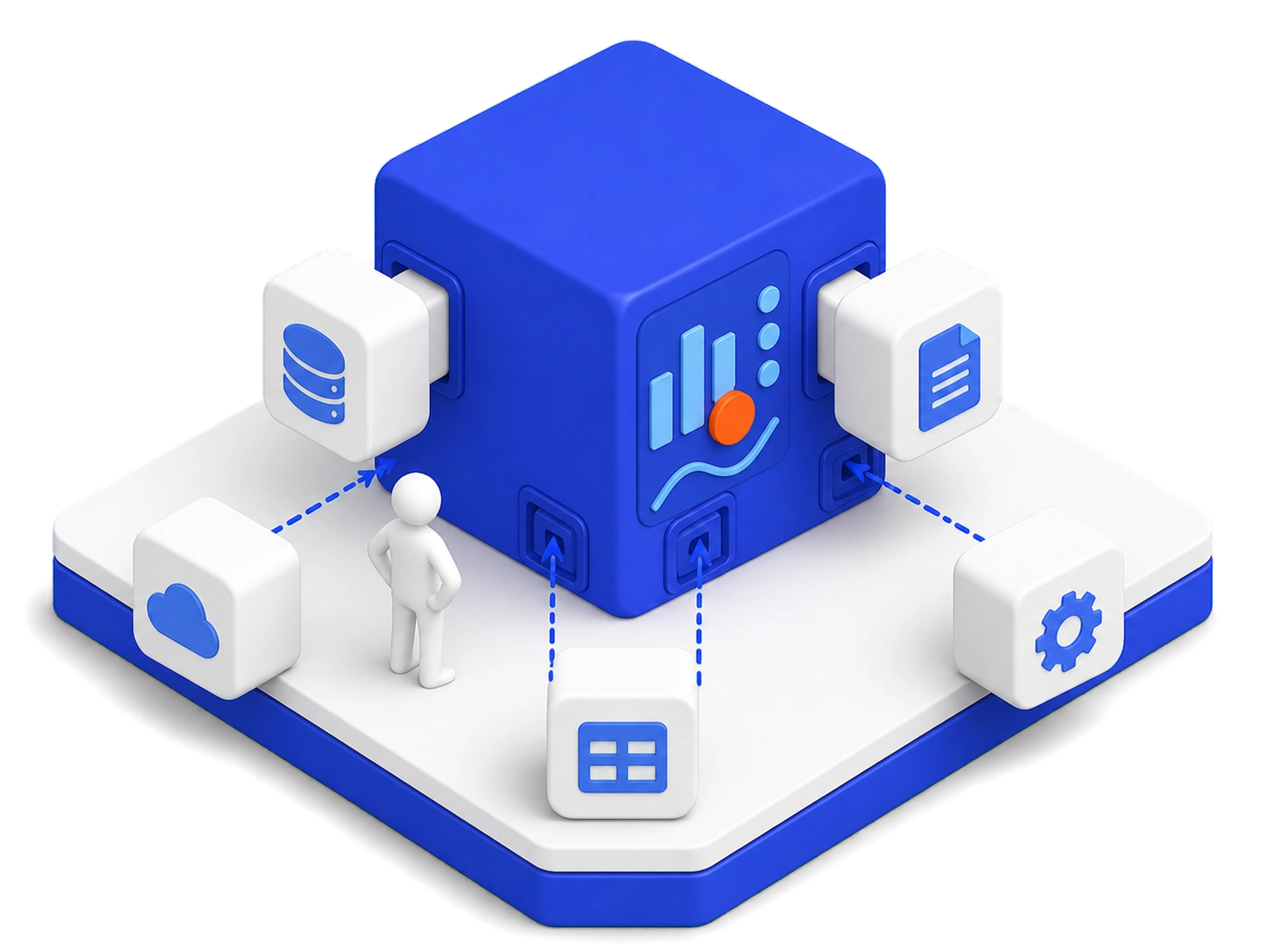 A single large cube at the centre of a platform, its face showing one live chart, with arrows feeding into it from separate cloud, database, document and spreadsheet blocks