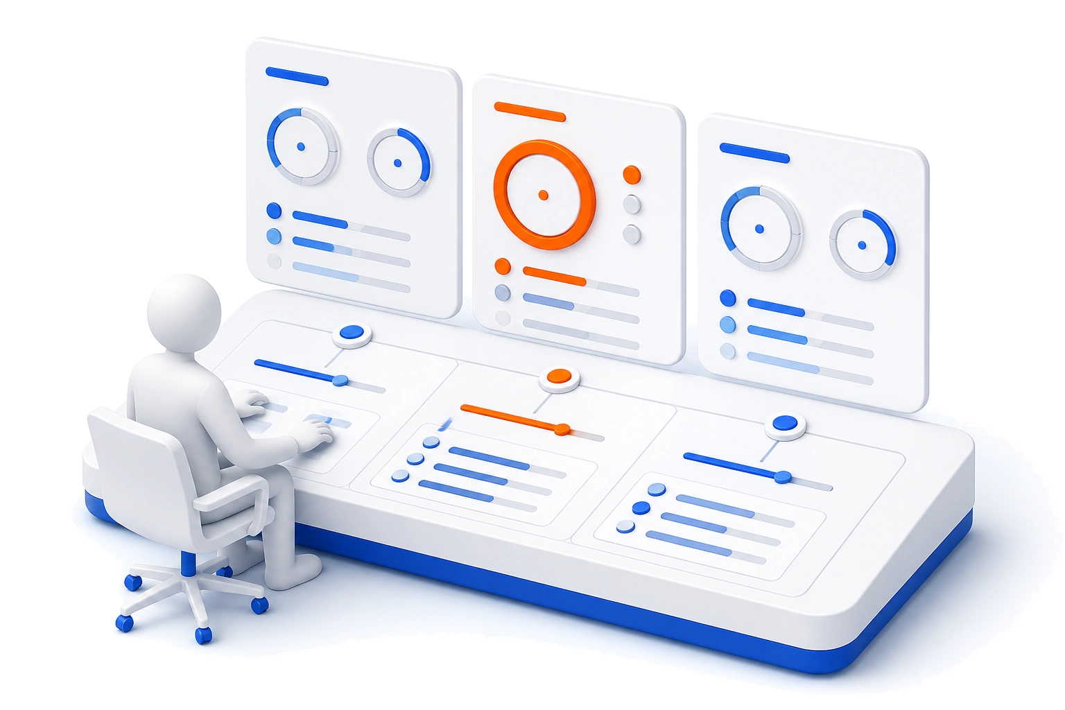 A person at a workstation of three control panels comparing tools, with one panel's orange dial and slider standing out from the blue ones either side