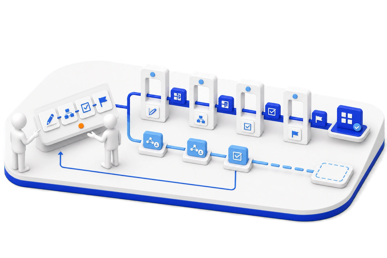Two people hold a small four-step template while the same sequence runs at scale behind them as a production line of gates ending in a finished app, with a return loop leading back to a dashed empty slot ready for the next project