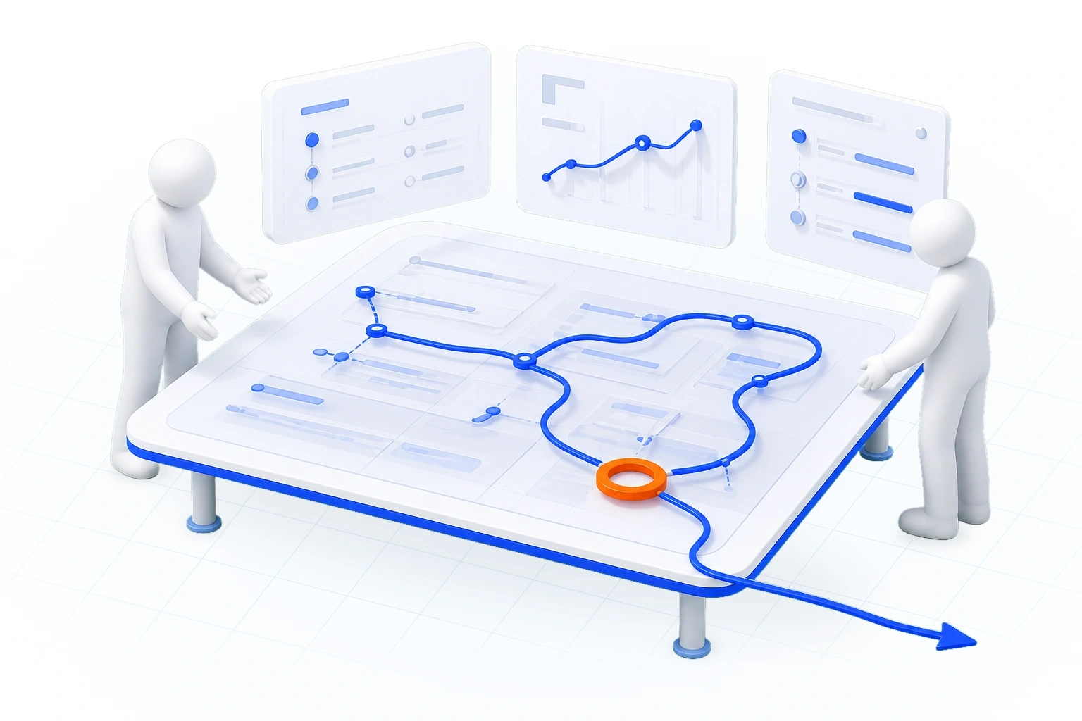 Two people at a planning table working out a route: a blue path winds between decision points, past a marked risk, and leaves the table as an arrow, with a checklist, a rising chart and a prioritised list on panels behind them