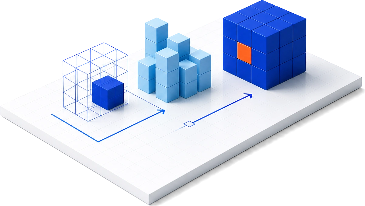Three stages of one build: a wireframe cube outline, a part-assembled light blue cube, and a finished royal blue cube with a single orange block set into it