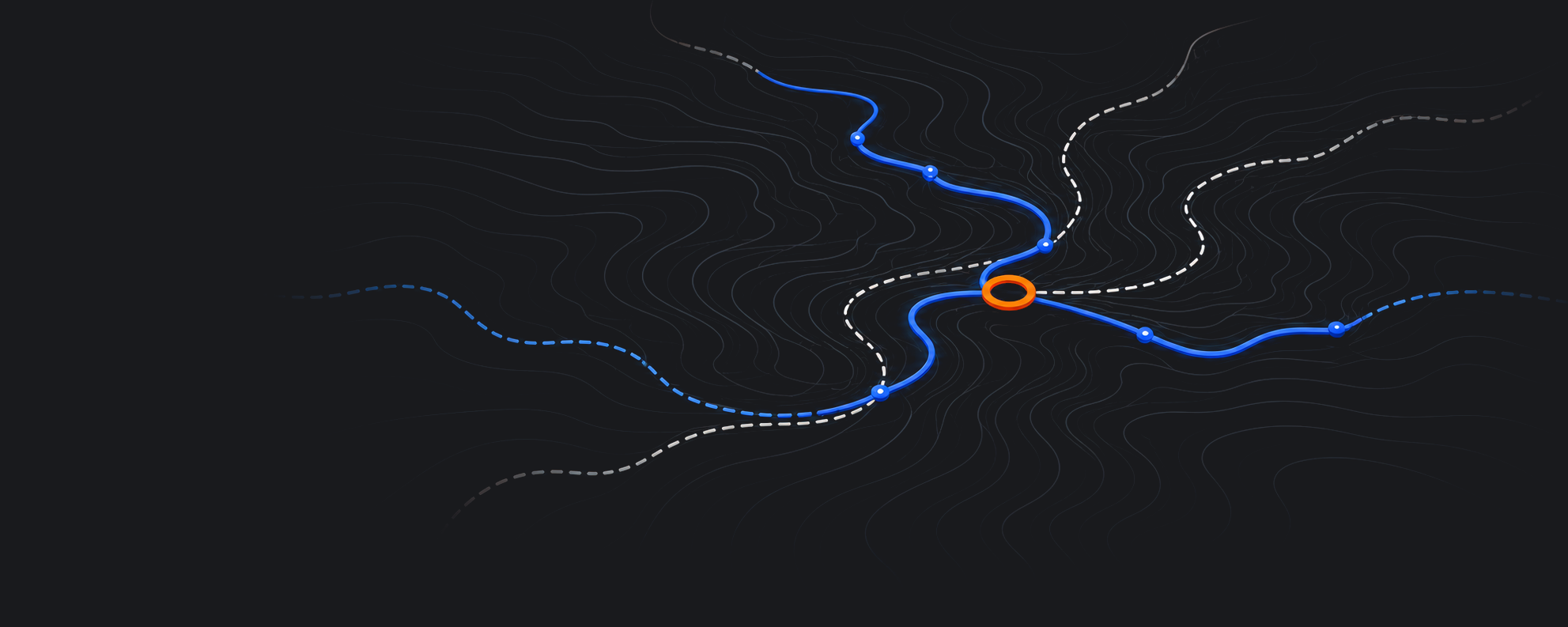 A dark map of tangled contour lines where one solid blue route threads through waypoints past an orange ring, while dashed alternative paths fade into the terrain