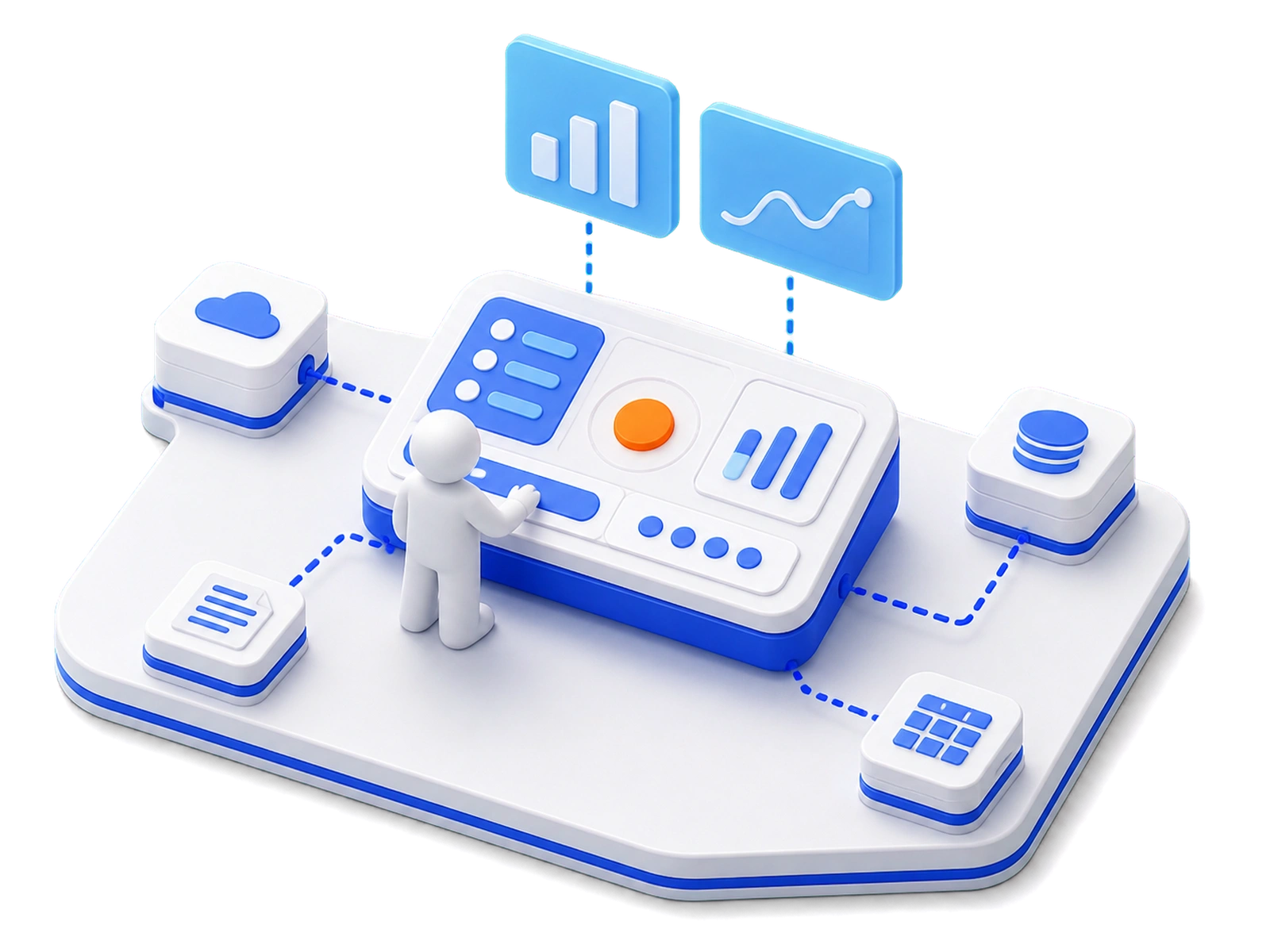 A person at a large control panel carrying a checklist and live bar charts, wired by dashed lines to separate cloud, document, database and spreadsheet tiles around it