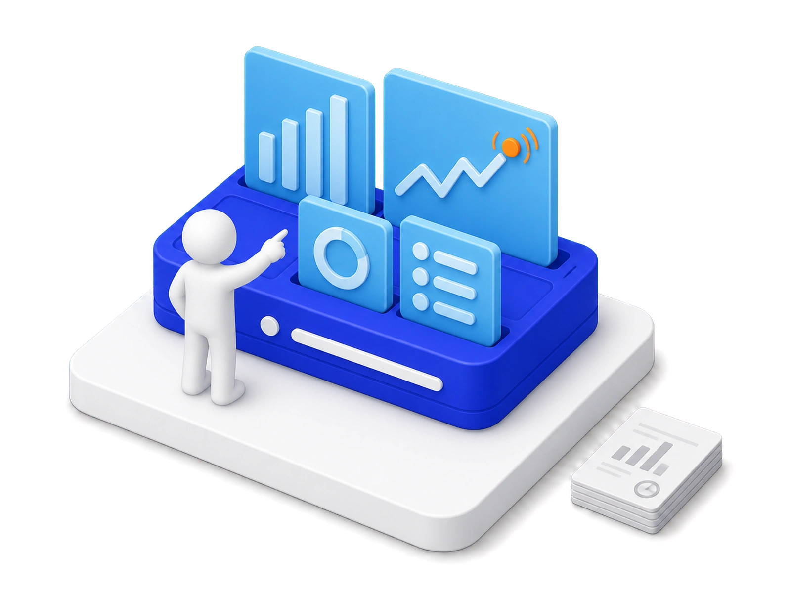 A person pointing at a dashboard rising out of a device, carrying a bar chart, a trend line with a live signal, a donut chart and a list, with a stack of static printed reports set aside