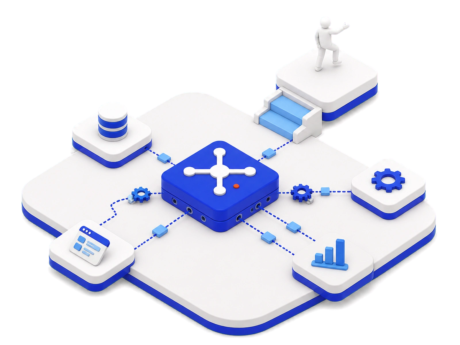 A connected platform with a hub at its centre wired out to database, document, dashboard and settings tiles, and a figure climbing steps to a higher level beside it