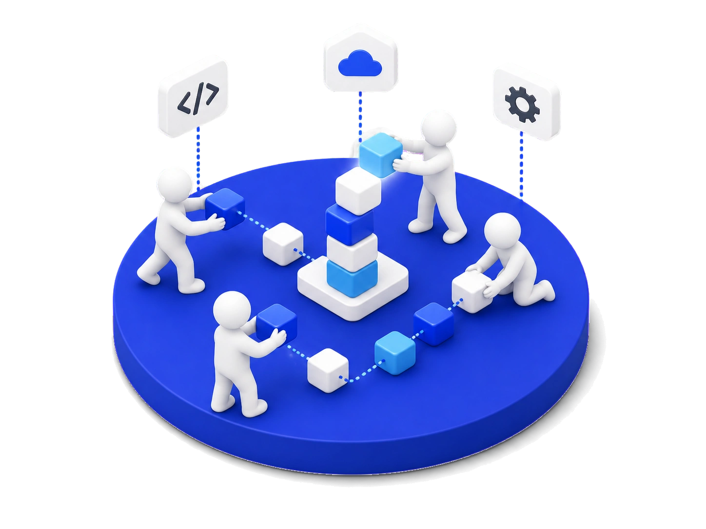 Four figures on a round platform carrying cubes along dotted paths into one shared central stack, with code, cloud and cog icons floating above