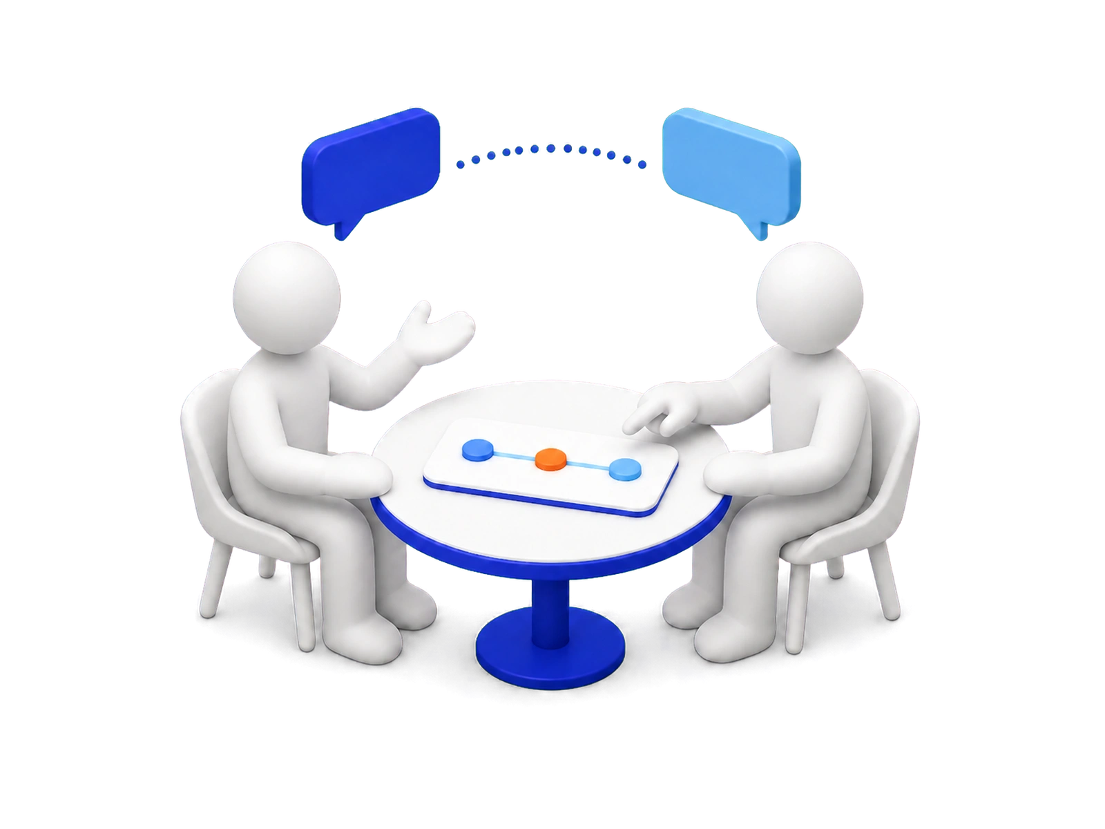 Isometric illustration: two people sitting either side of a small round table in conversation, a speech bubble above each, with a simple three-step plan sketched on a card between them.