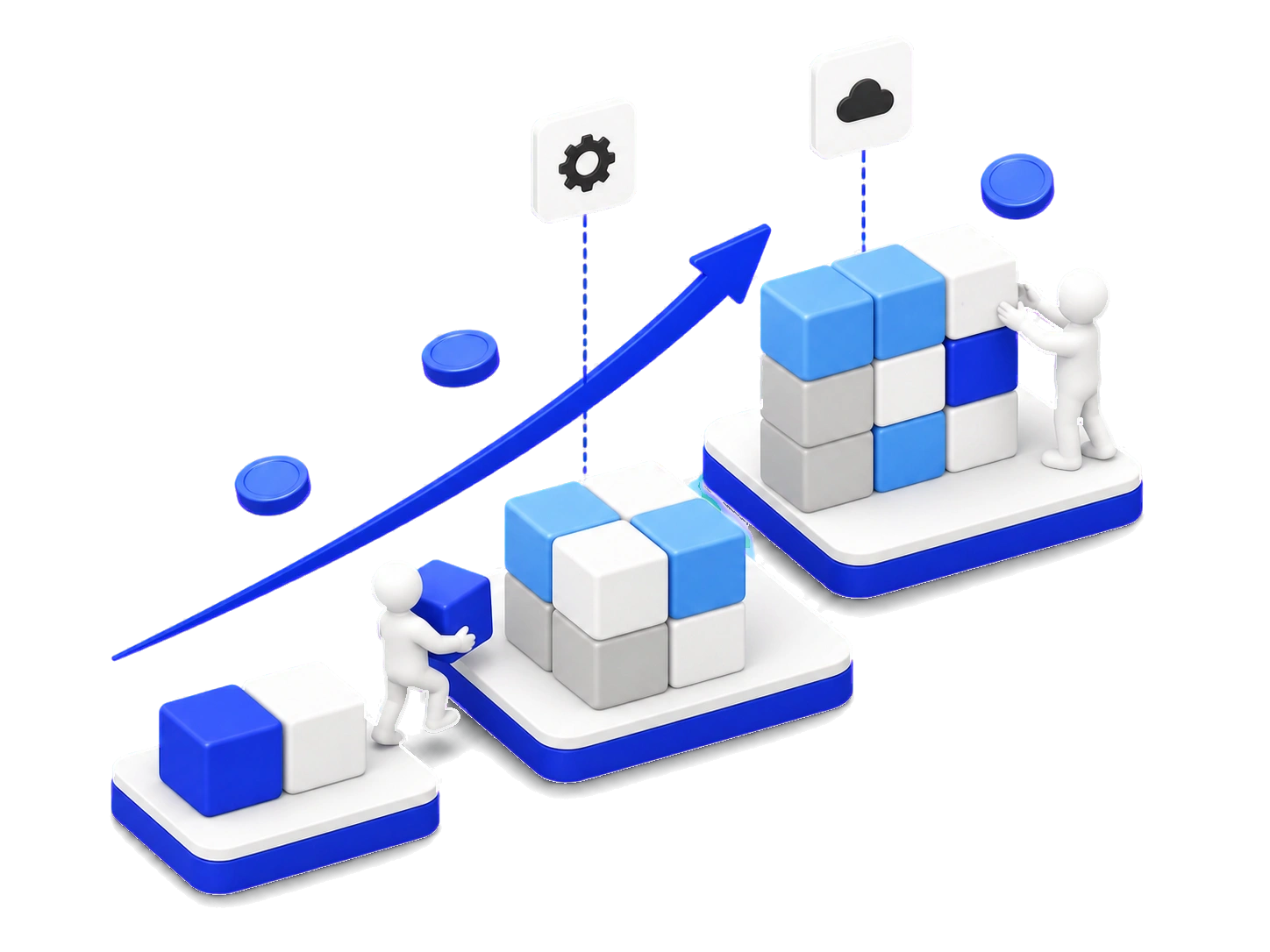 Three platforms stepping up from two blocks to a three-by-three cube wall, figures adding a block at each stage beneath a rising arrow and floating coins