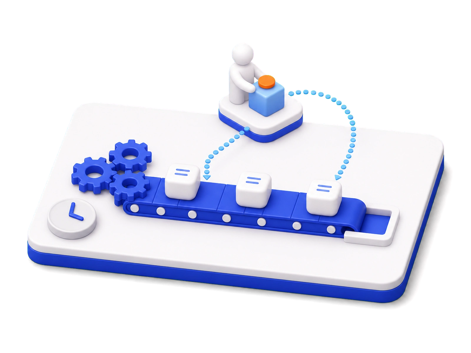 A conveyor carrying identical documents past gears and a clock, with one item lifted off the line to a person on a raised platform who holds the decision