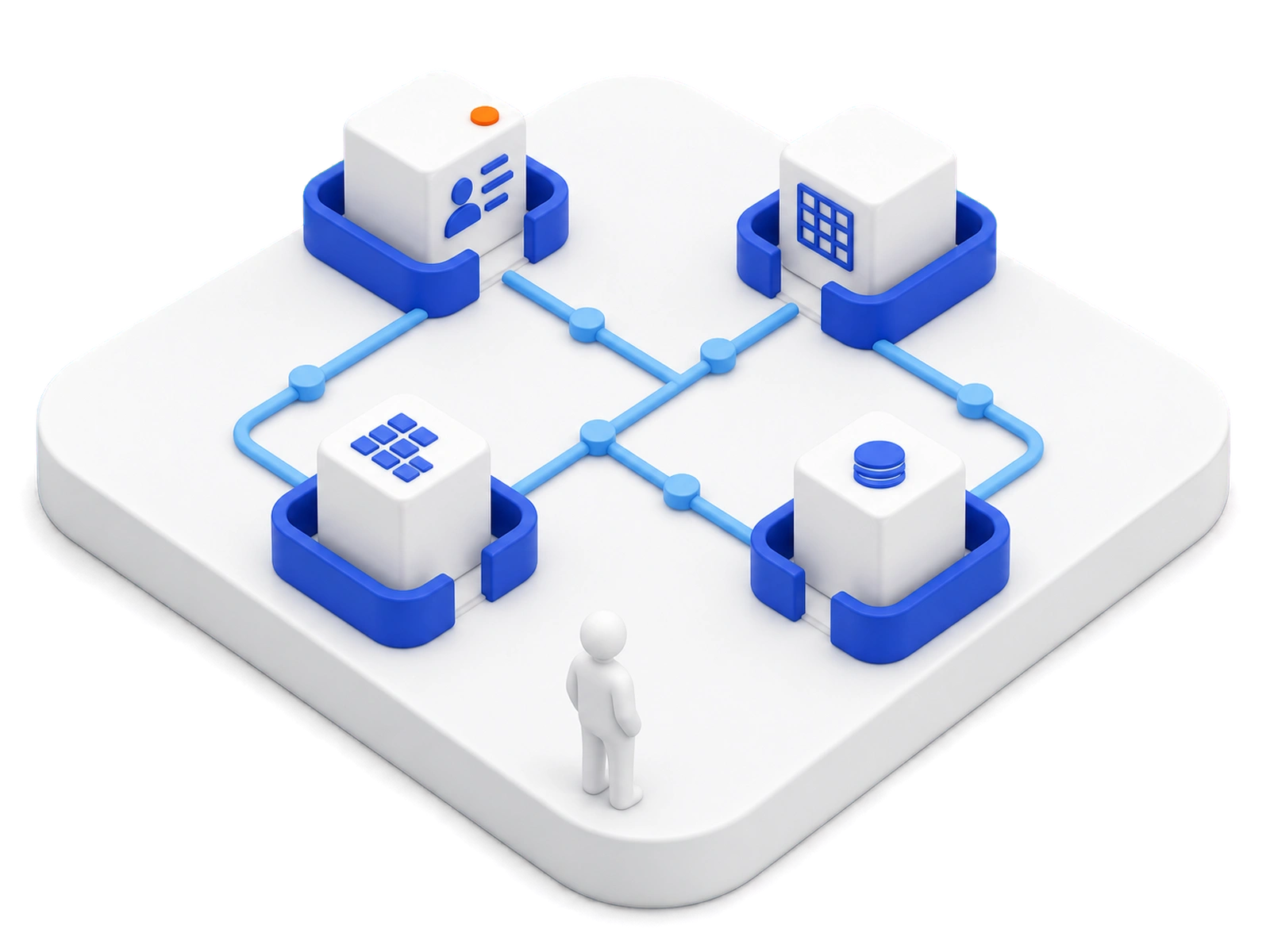 Four separate system blocks - a contact record, a building, a spreadsheet and a database - standing on one platform and joined by a lattice of connector lines meeting at shared junctions